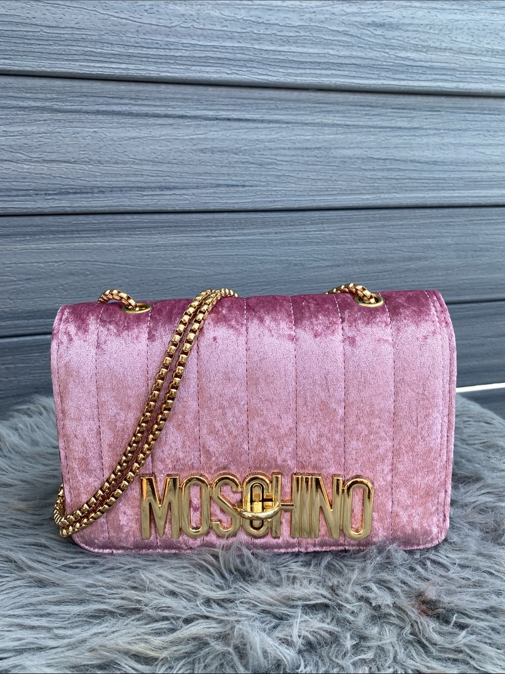 Pink Velvet Shoulder Bag with Gold Chain